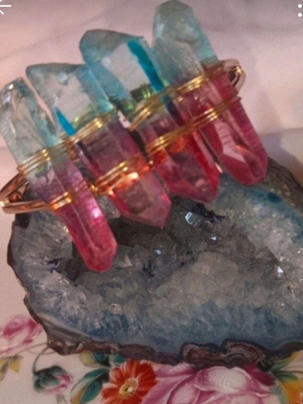 Source Unknown Gold Wire Bracelet with Pink and Blue Crystal Points